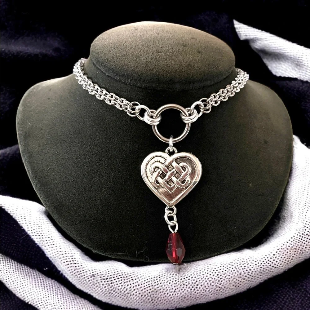 Double chain necklace celtic heart knot & dangly red crystal goth boho silver